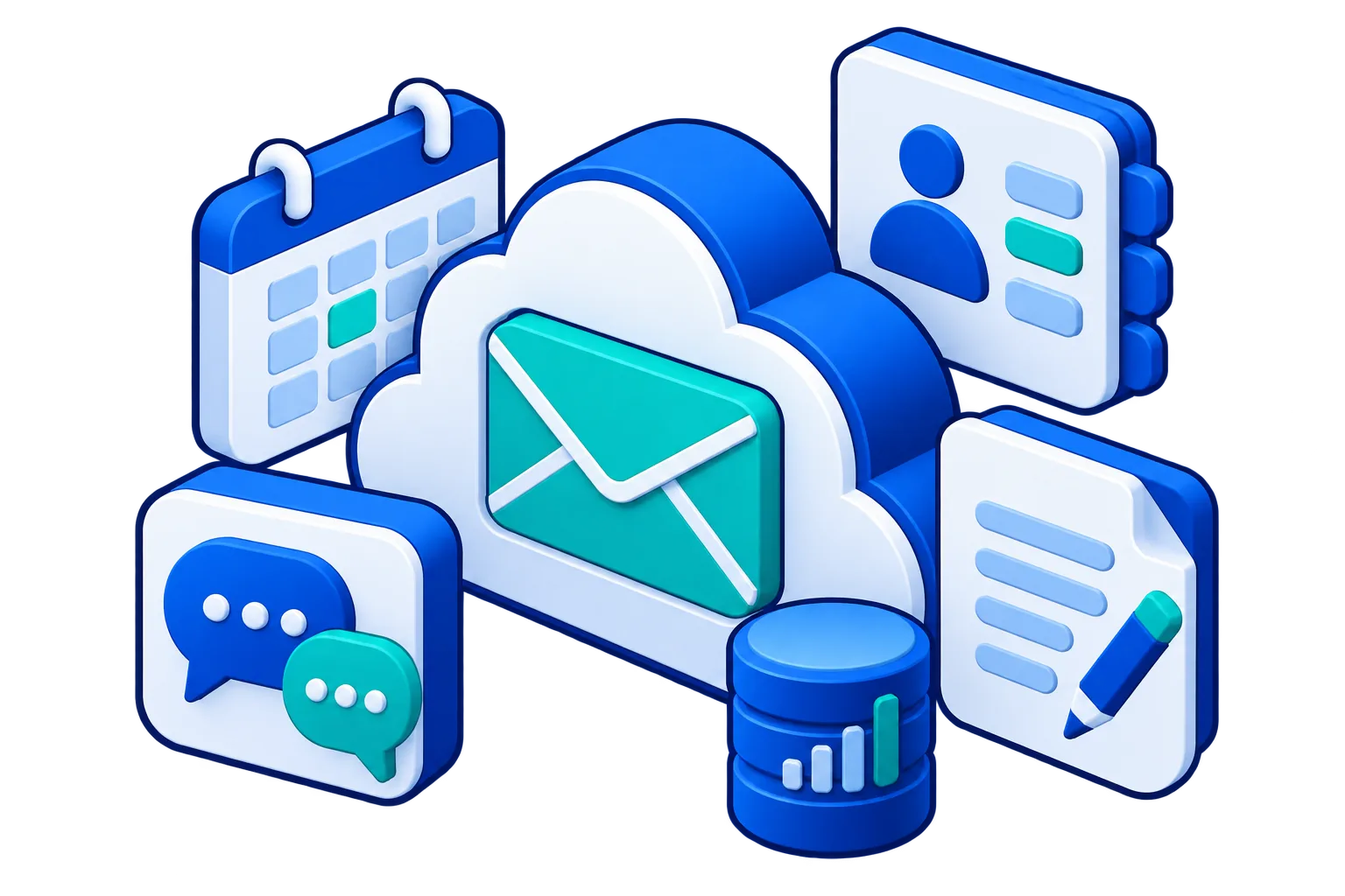 Cloud email workspace with shared calendar, contacts, chat, documents and storage