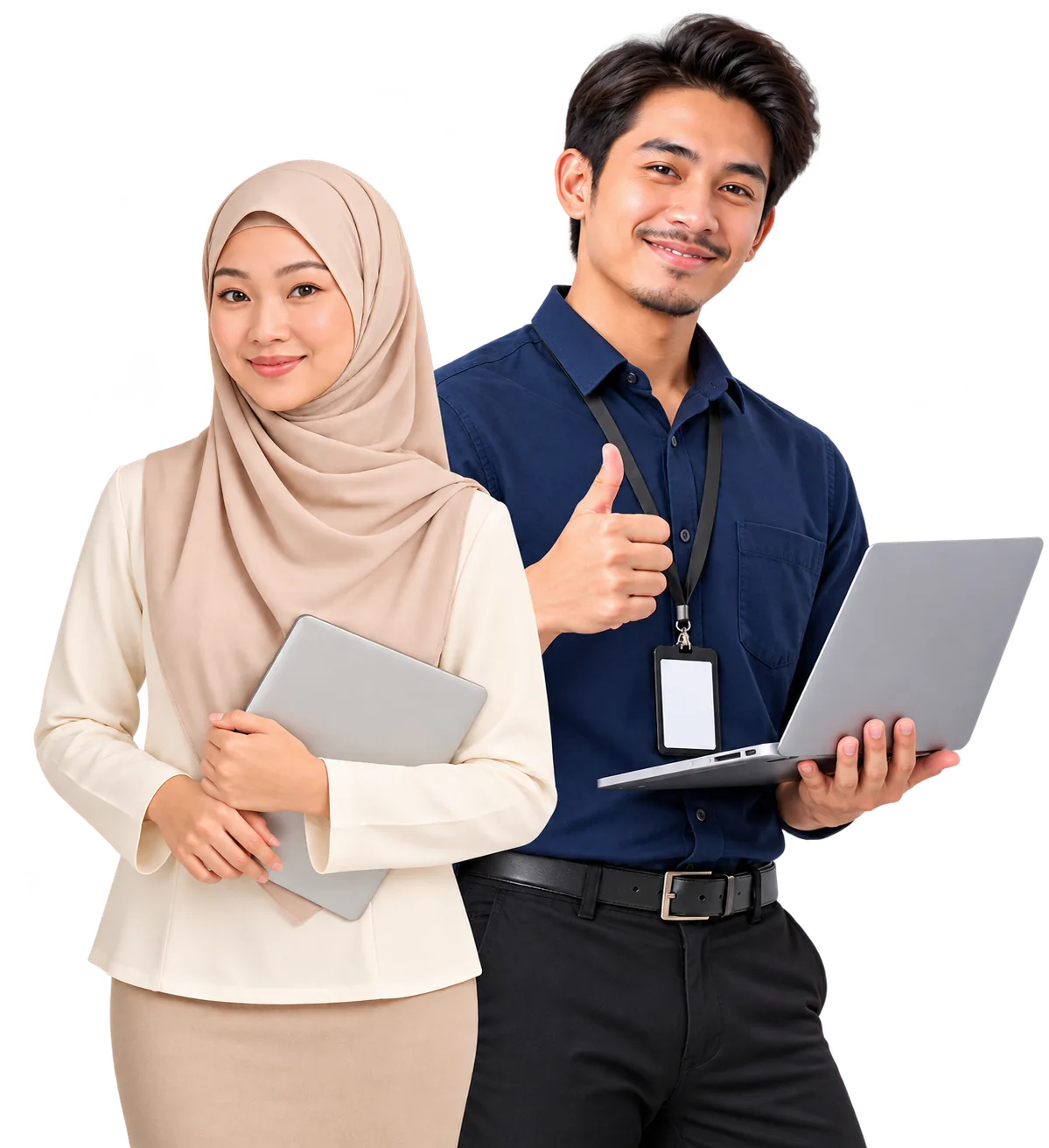 Two Myduniahosting team members with a laptop and tablet, one giving a thumbs up