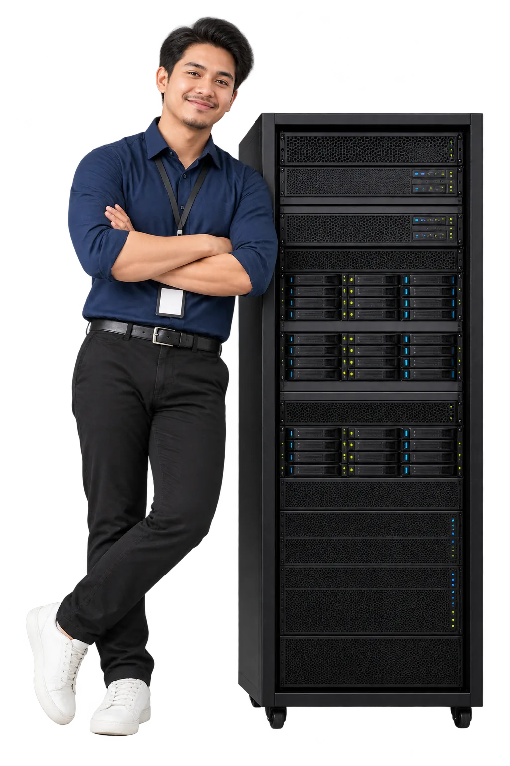 Myduniahosting engineer beside a server rack